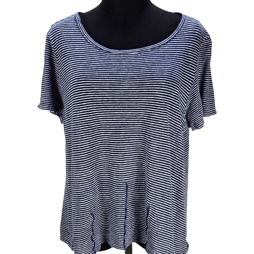 Women's Tahari Large Navy Blue White Striped‎ 100% Linen Knit Top Coastal Resort